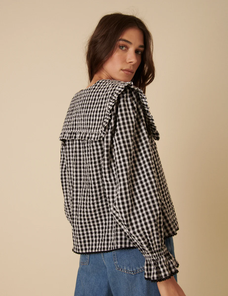 Black Gingham Frill Collar Blouse - Image 4