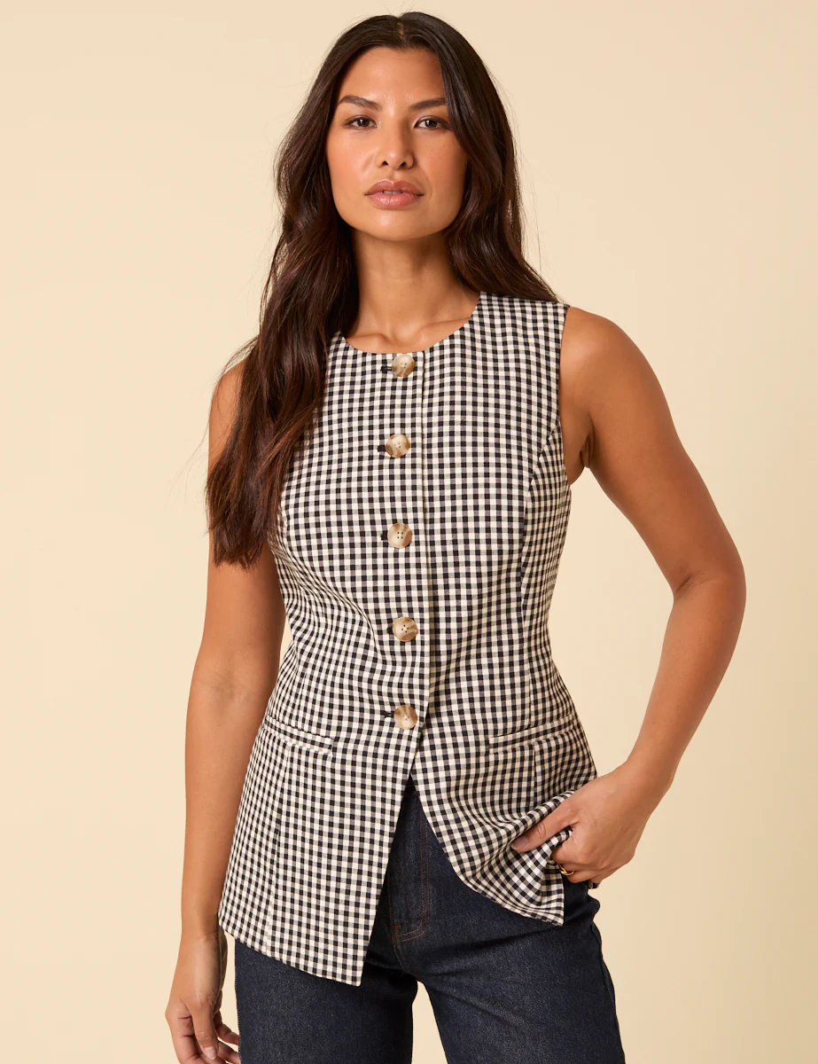 Black Gingham Longline Crew Neck Waistcoat