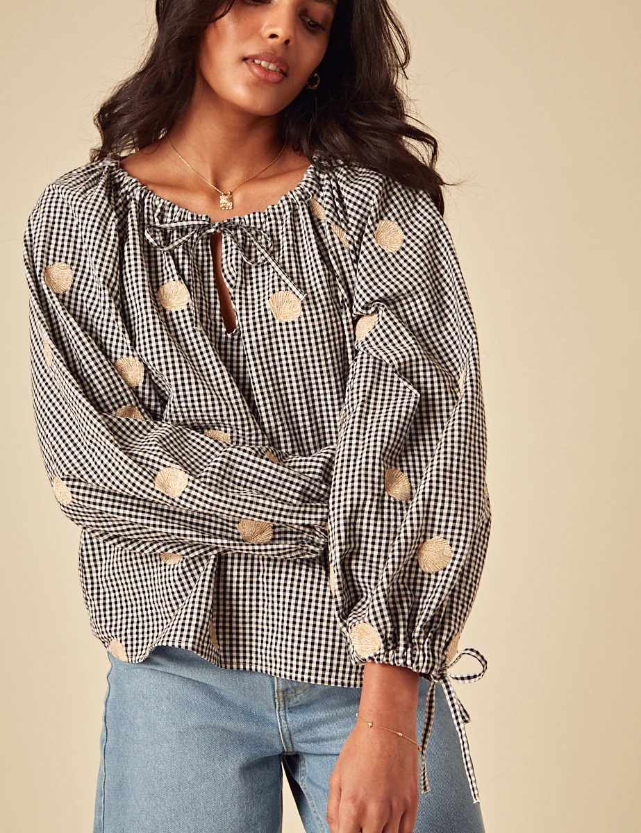 Elizabeth Scarlett Black Gingham Shell Embroidered Poet Blouse - Image 3