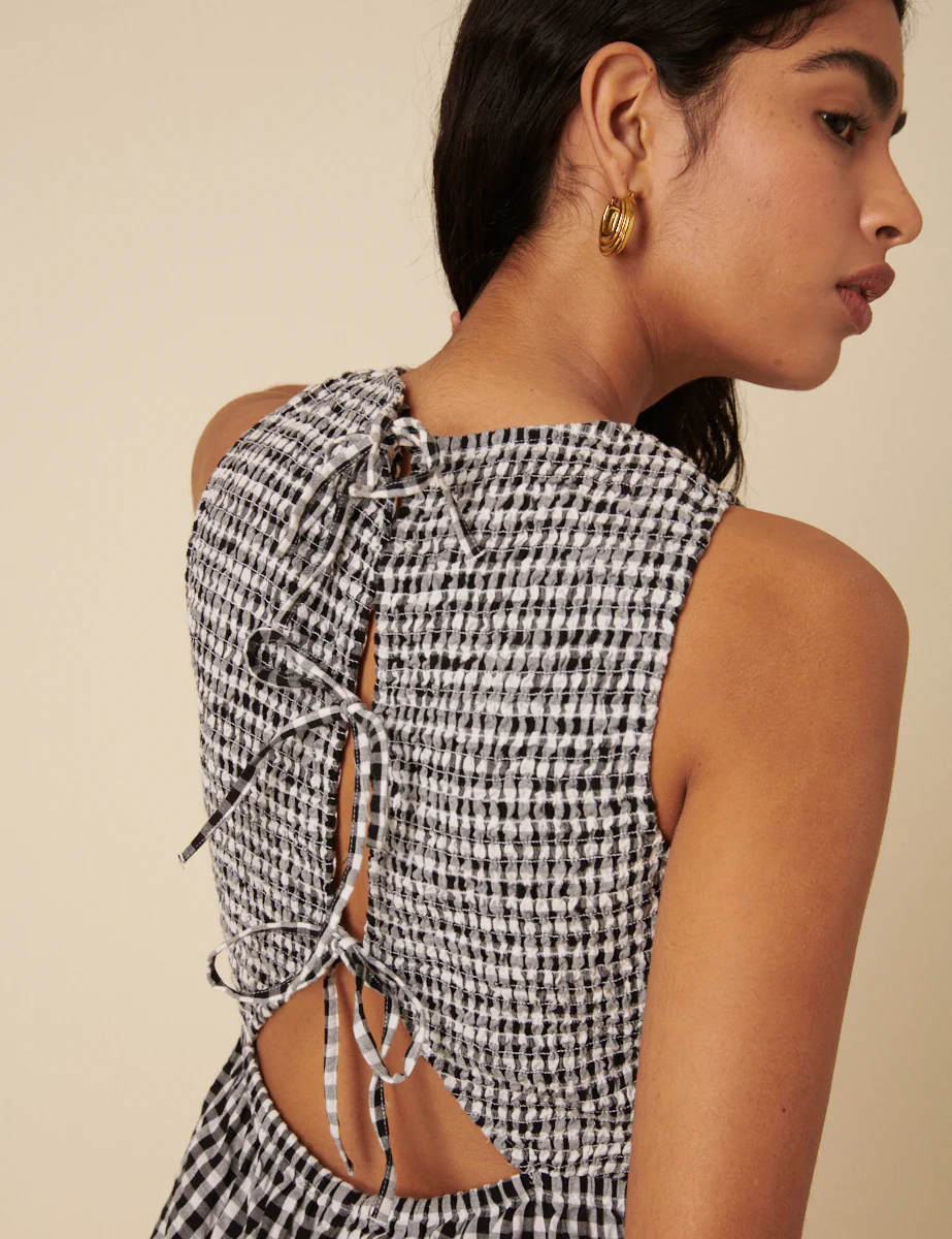 Black Gingham Shirred Jumpsuit - Image 3