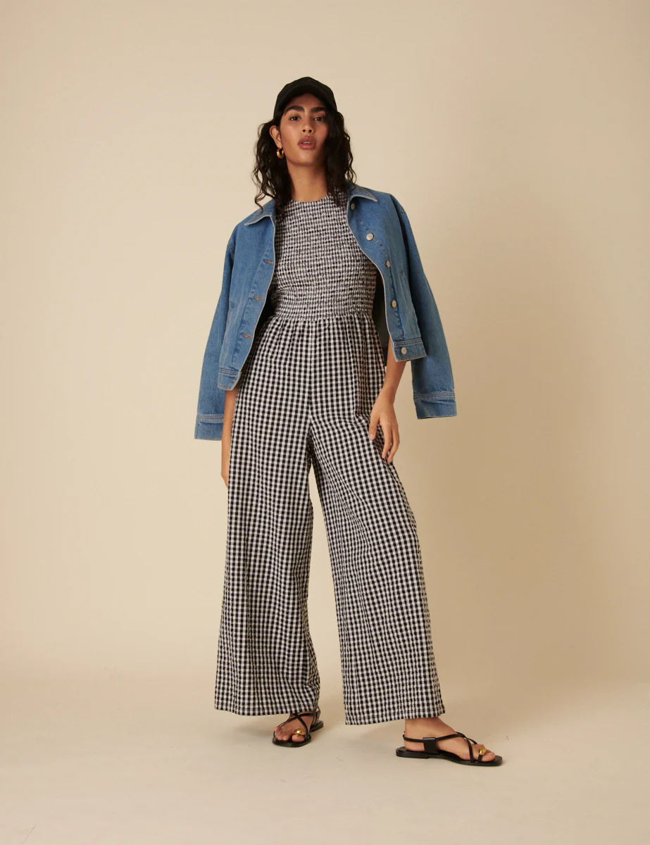 Black Gingham Shirred Jumpsuit - Image 4