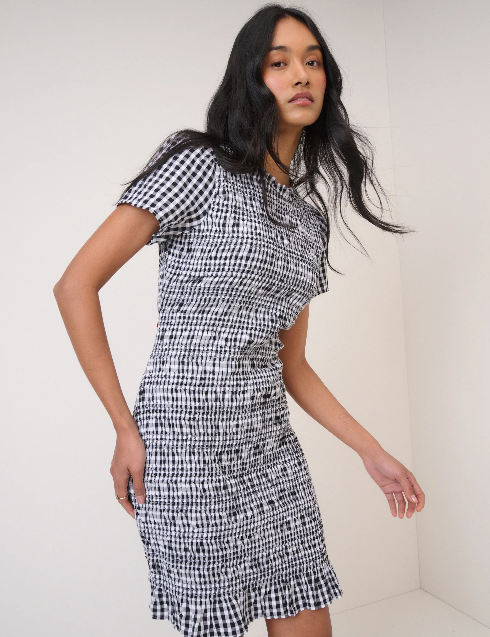 Black Gingham Shirred Martha Mini Dress - Image 4