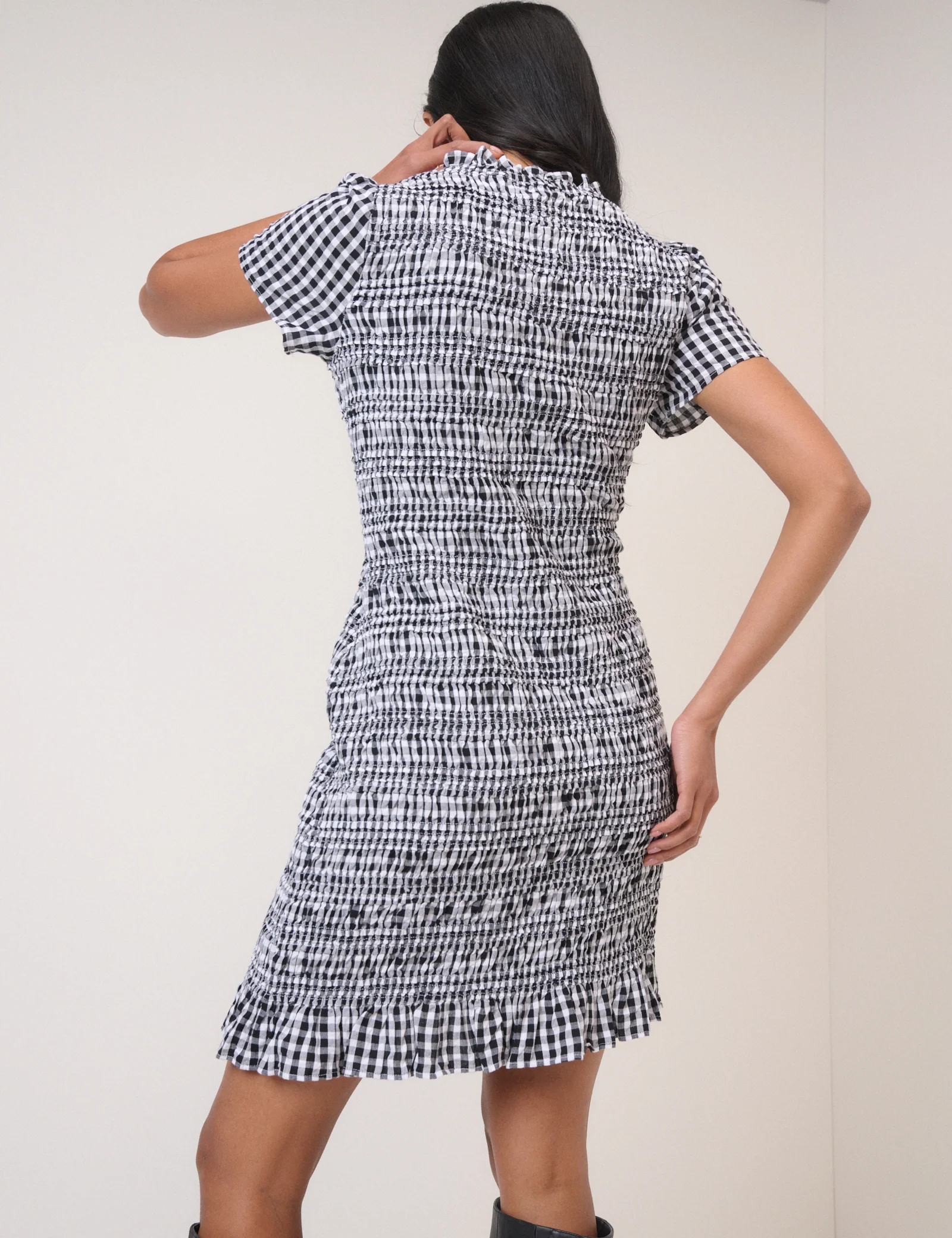 Black Gingham Shirred Martha Mini Dress - Image 5