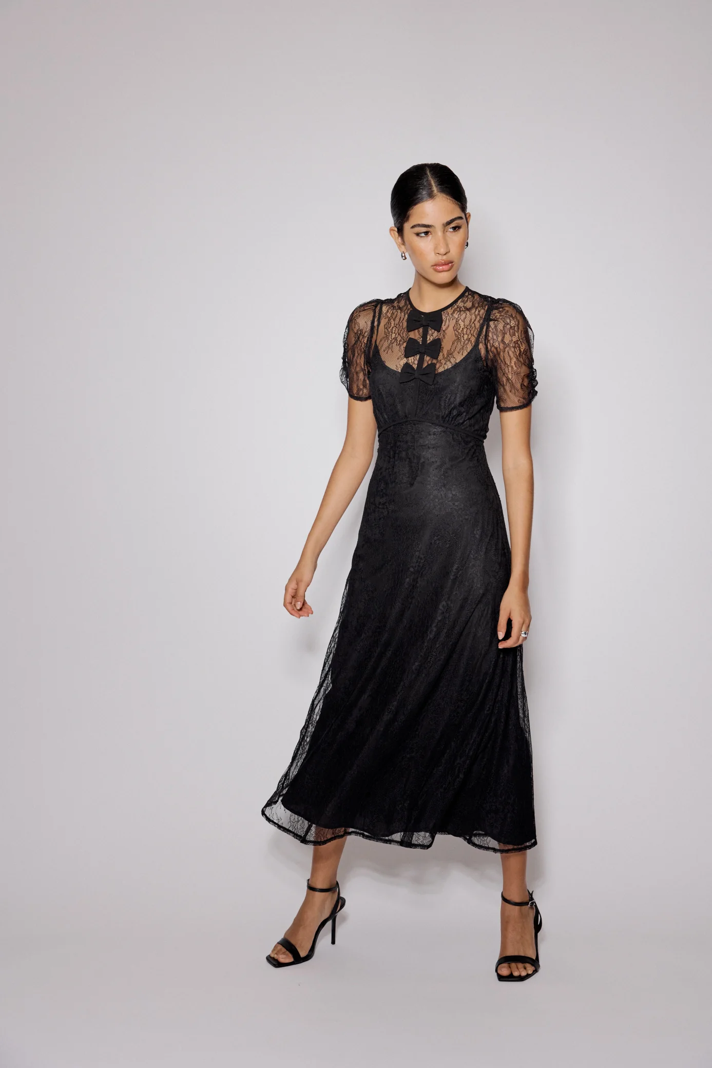Black Lace Bow Front Una Midi Dress - Image 3