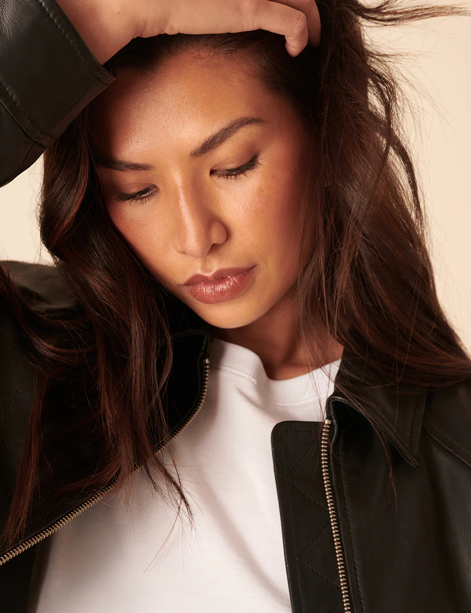 Black Leather Bomber Jacket - Image 4