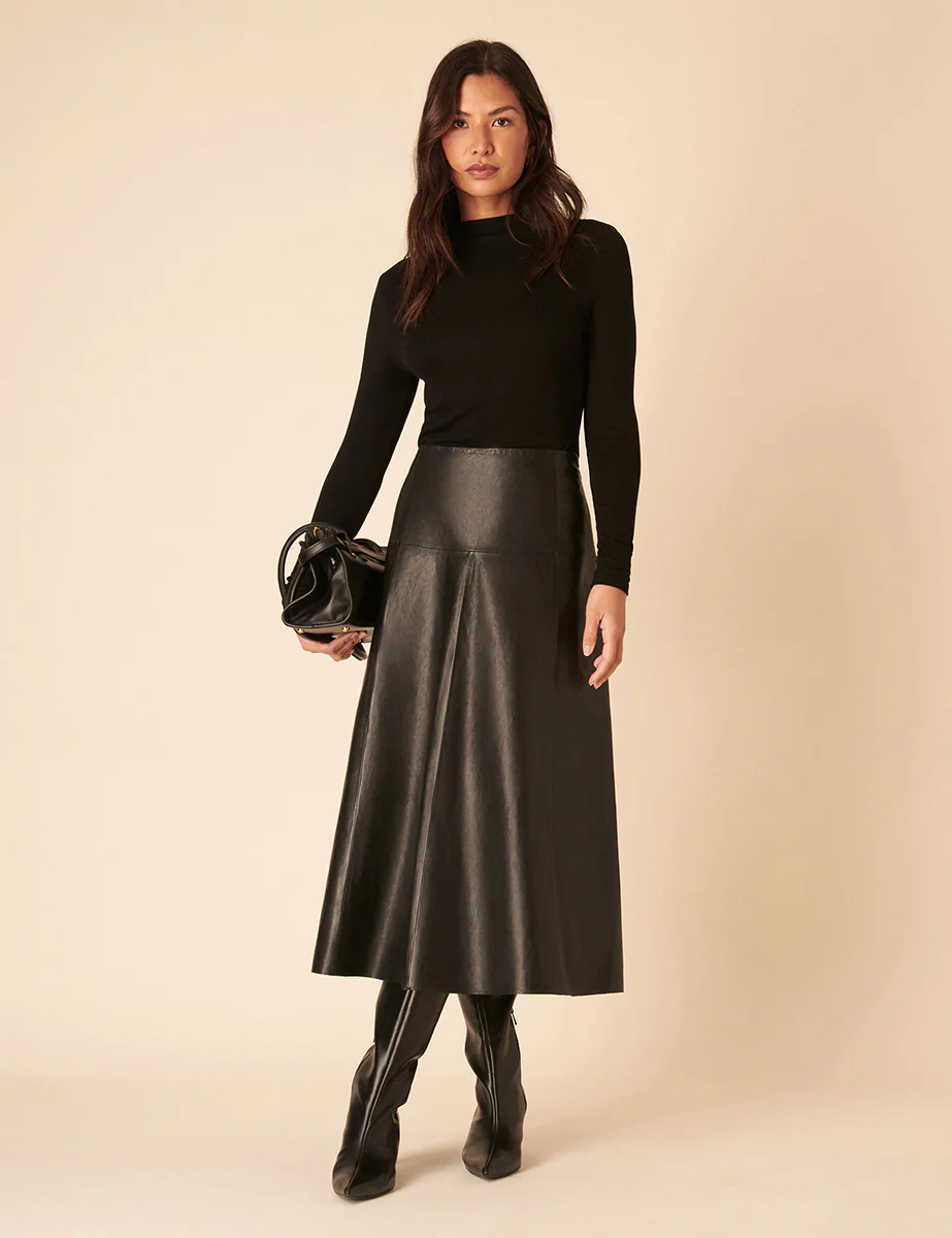 Black Leather Midi Skirt - Image 3