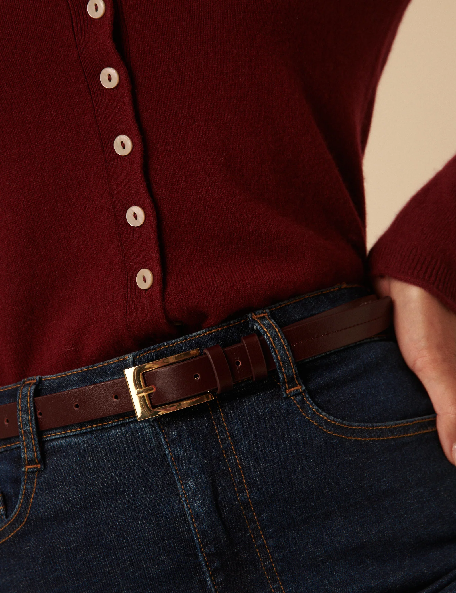 Burgundy Leather Skinny Belt - Image 3