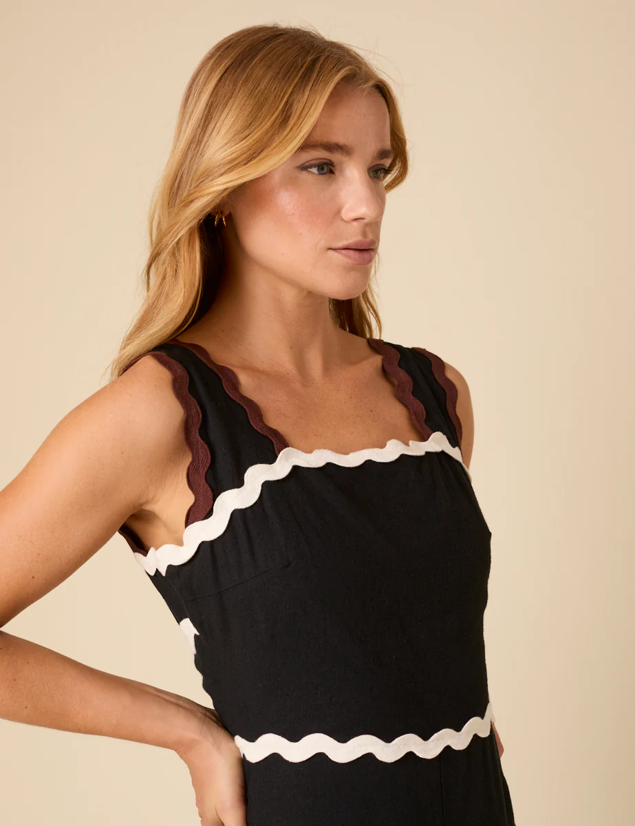 Black Linen-blend Contrast Trim Acacia Midi Dress - Image 2