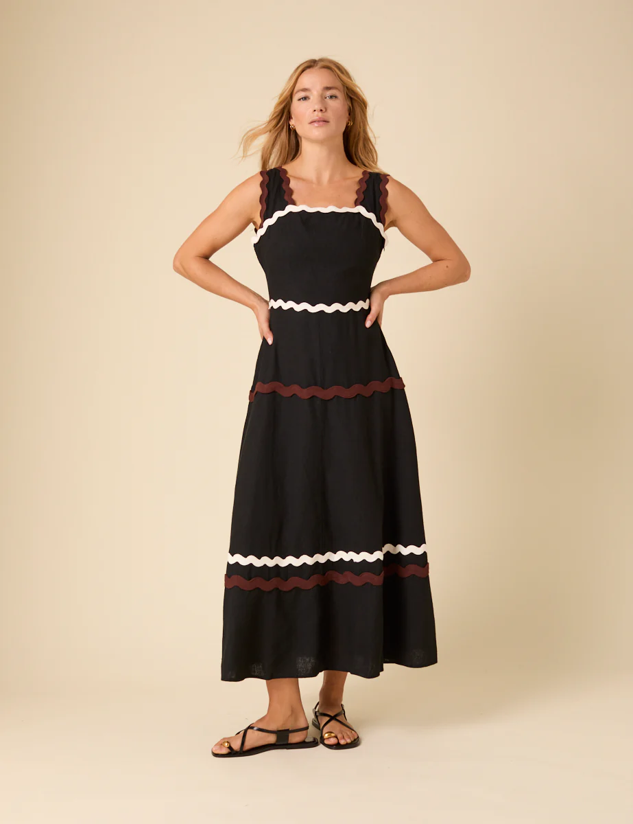 Black Linen-blend Contrast Trim Acacia Midi Dress - Image 4