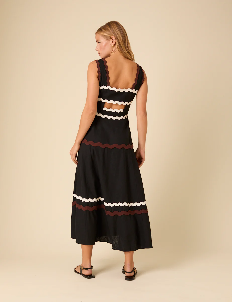 Black Linen-blend Contrast Trim Acacia Midi Dress - Image 5