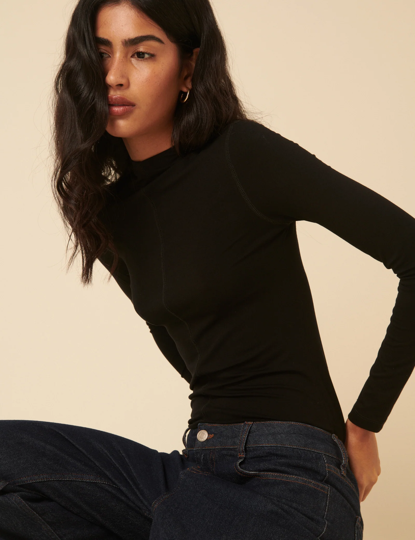 Black Long Sleeve High Neck Jersey Top - Image 3