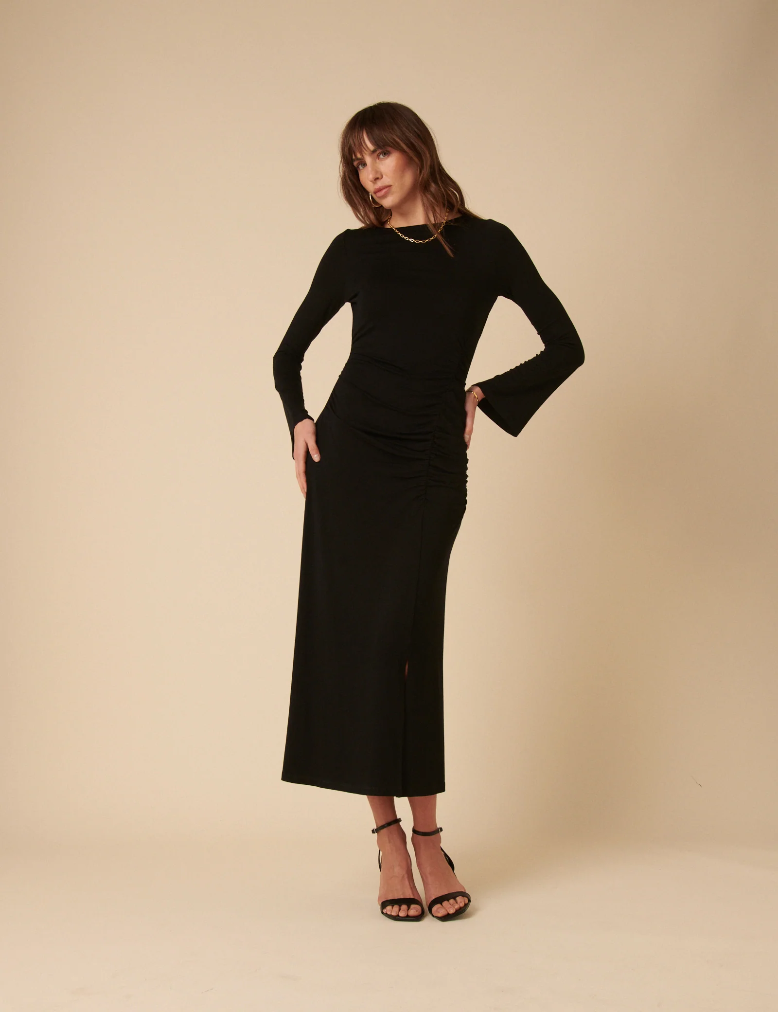 Black Long Sleeve Ruched Belle Midi Dress