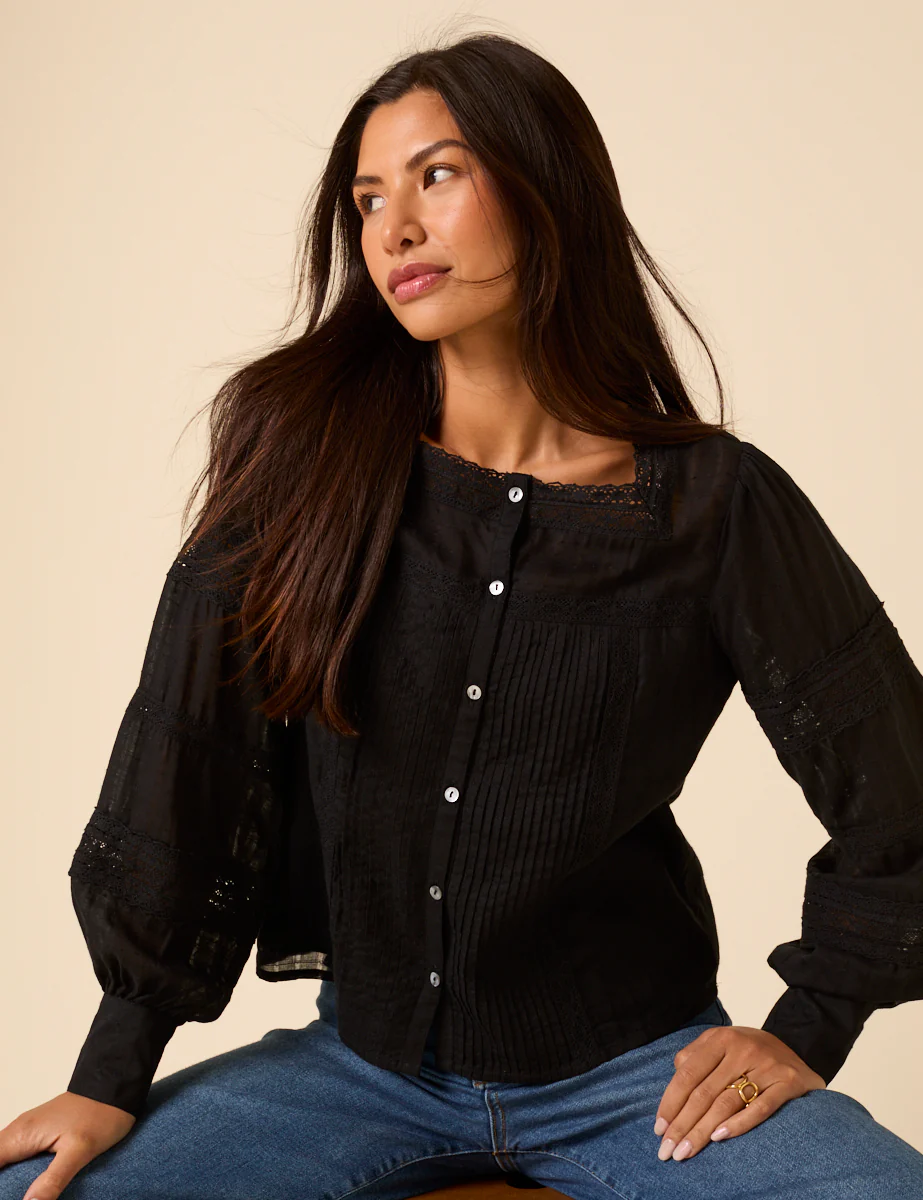 Black Long Sleeve Lace Trim Blouse - Image 3