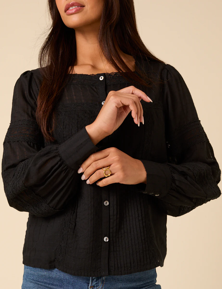 Black Long Sleeve Lace Trim Blouse - Image 4