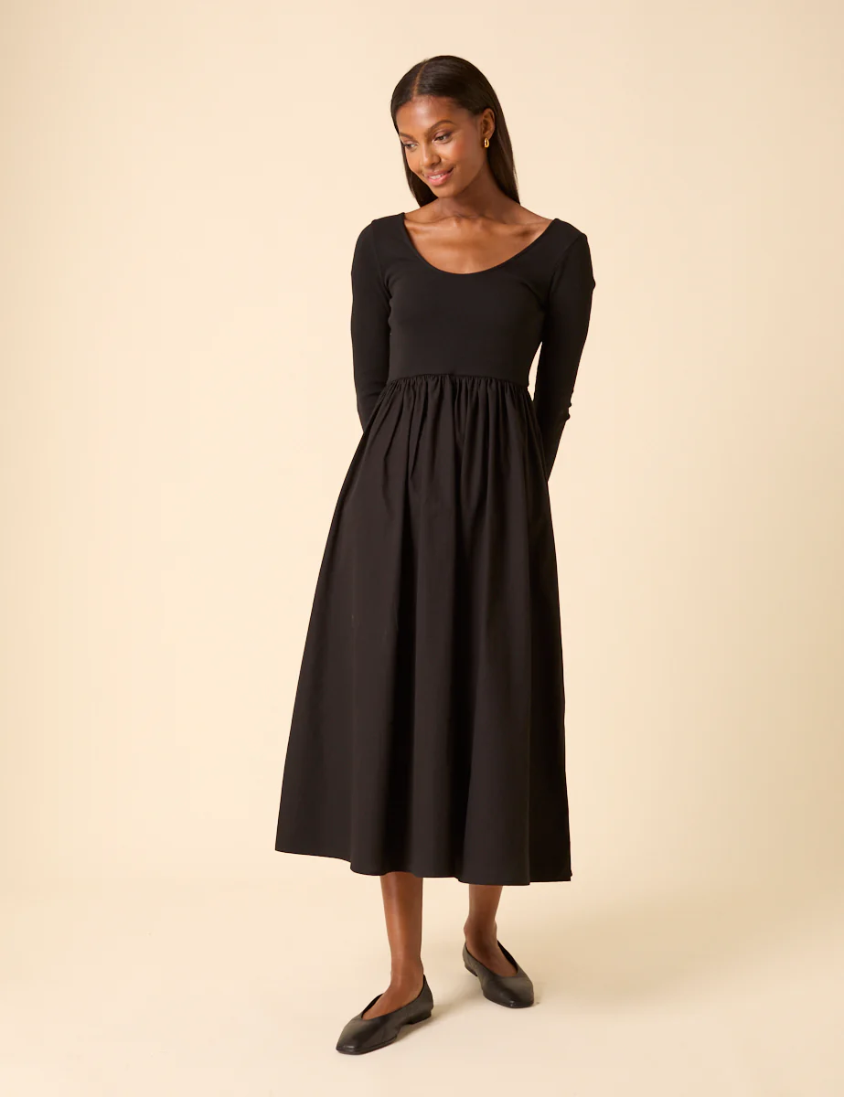 Black Scoop Neck A-Line Midi Dress - Image 4