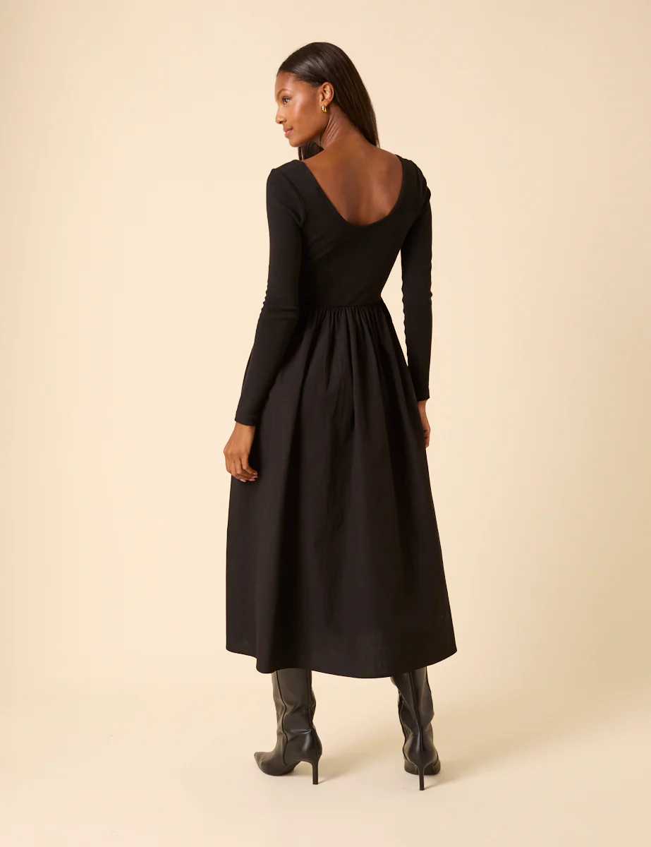 Black Scoop Neck A-Line Midi Dress - Image 5