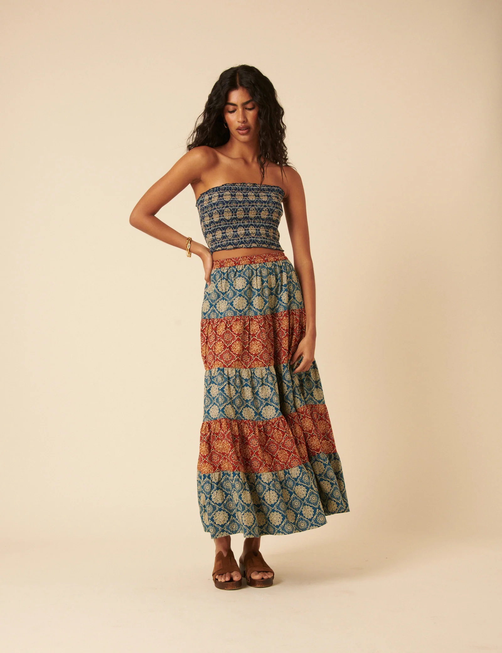 Blue Tile Printed Shirred Bandeau Top - Image 2