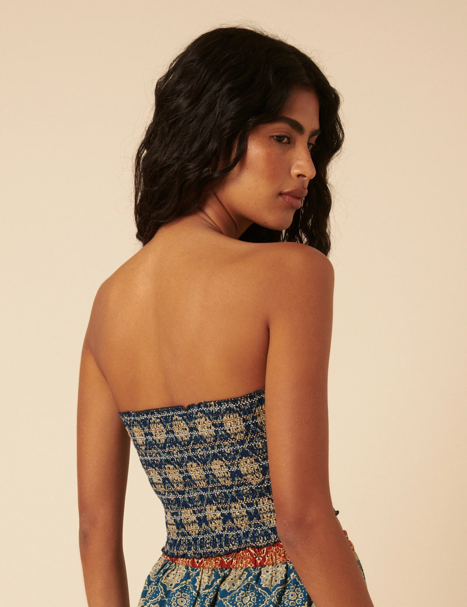 Blue Tile Printed Shirred Bandeau Top - Image 5