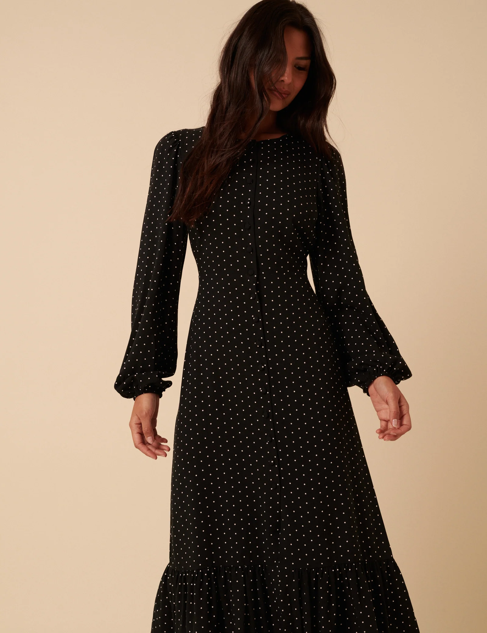 Black Polka Dot Balloon Sleeve Amara Midi Dress - Image 4