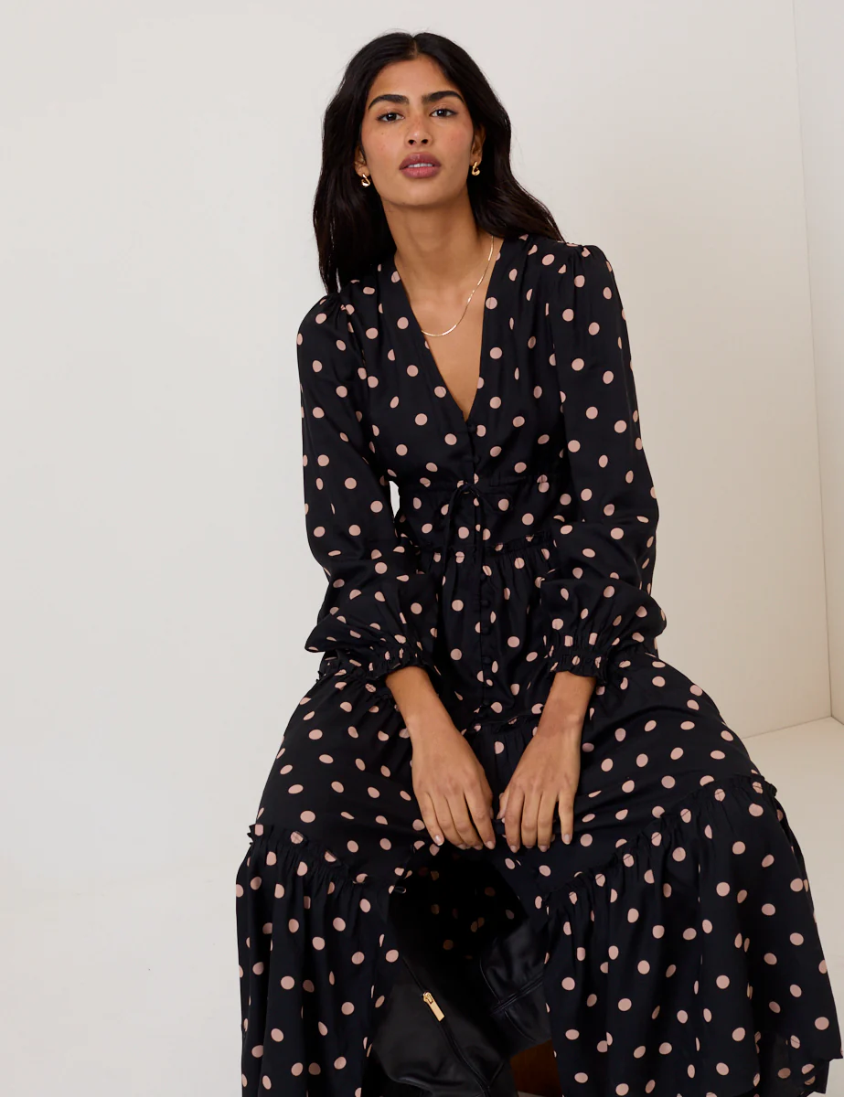 Black Polka Dot Balloon Sleeve Sofia Midi Dress - Image 5
