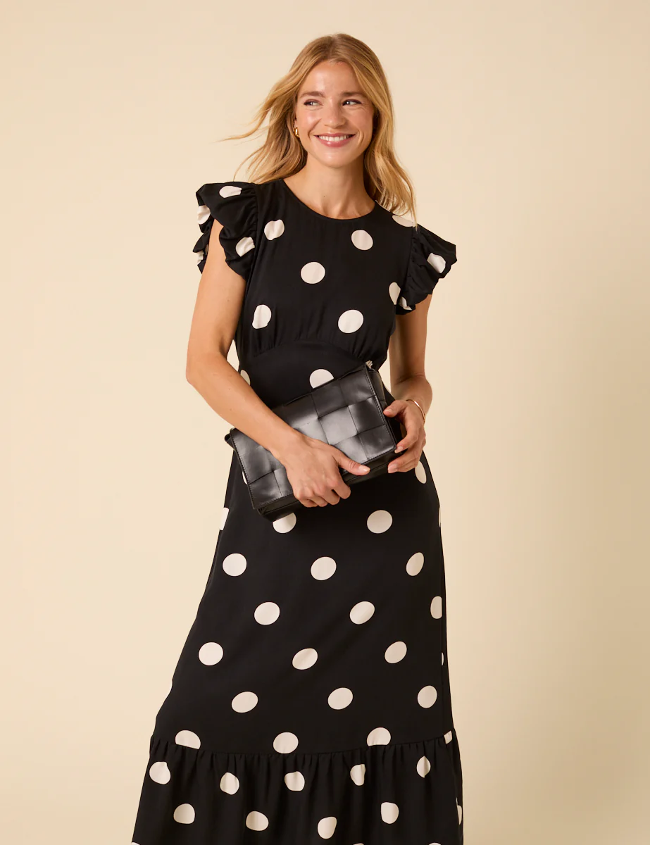 Black Polka Dot Frill Sleeve Clara Midi Dress - Image 2