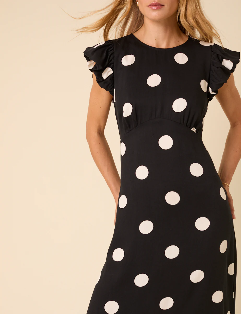 Black Polka Dot Frill Sleeve Clara Midi Dress - Image 4