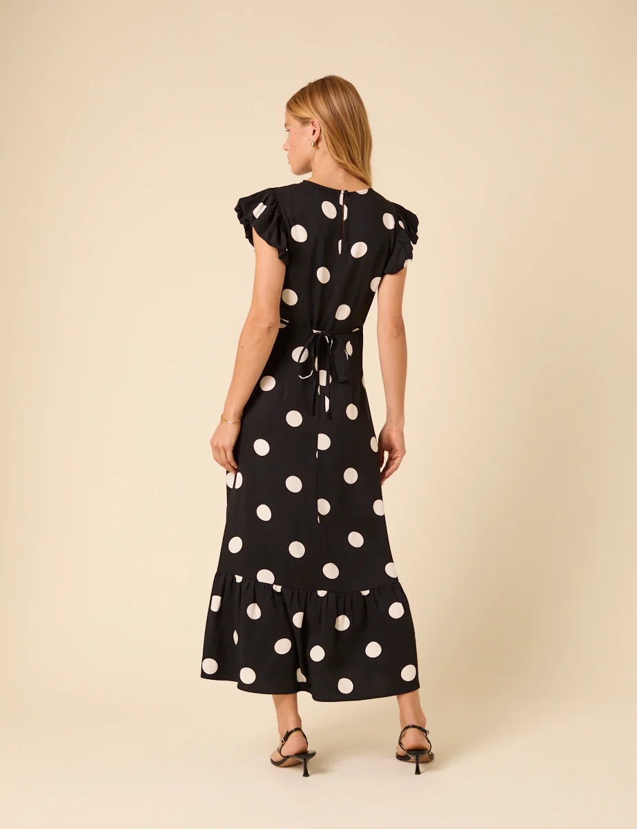 Black Polka Dot Frill Sleeve Clara Midi Dress - Image 5