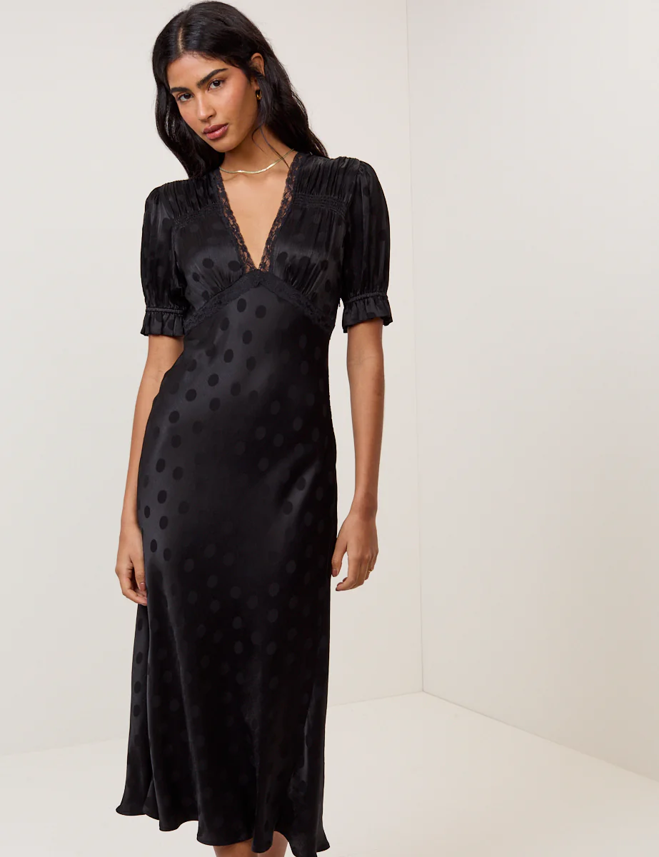 Black Polka Dot Jacquard Angela Midi Dress - Image 4