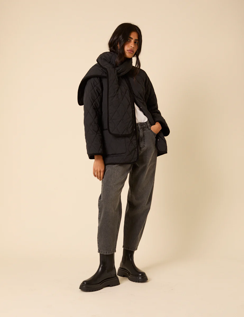 Black Quilted Detachable Scarf Coat - Image 3