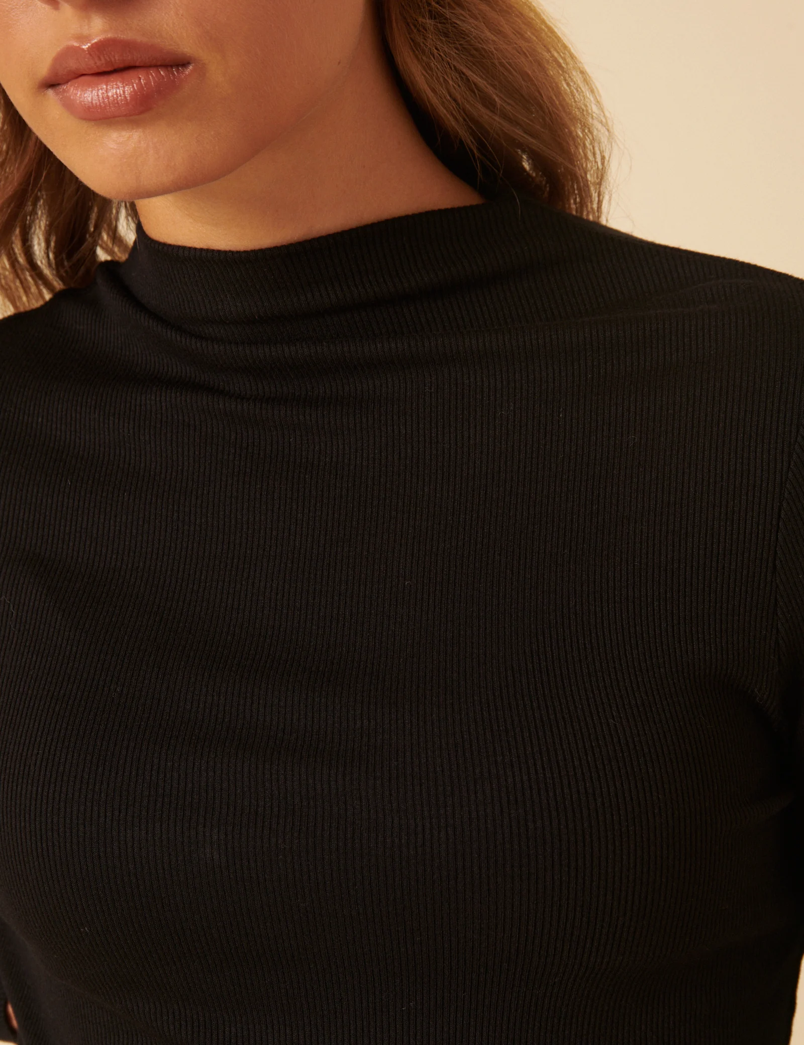 Black Ribbed High Neck Long Sleeve Top - Image 5