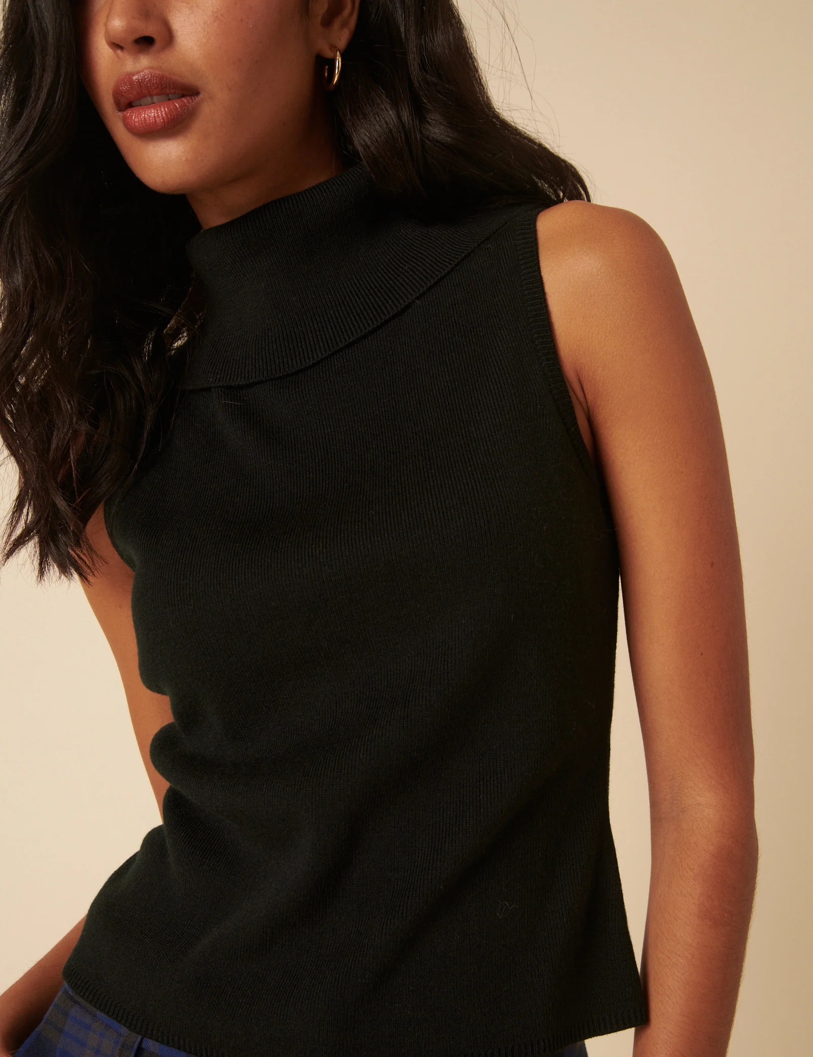 Black Ribbed Knitted Roll Neck Vest Top - Image 2
