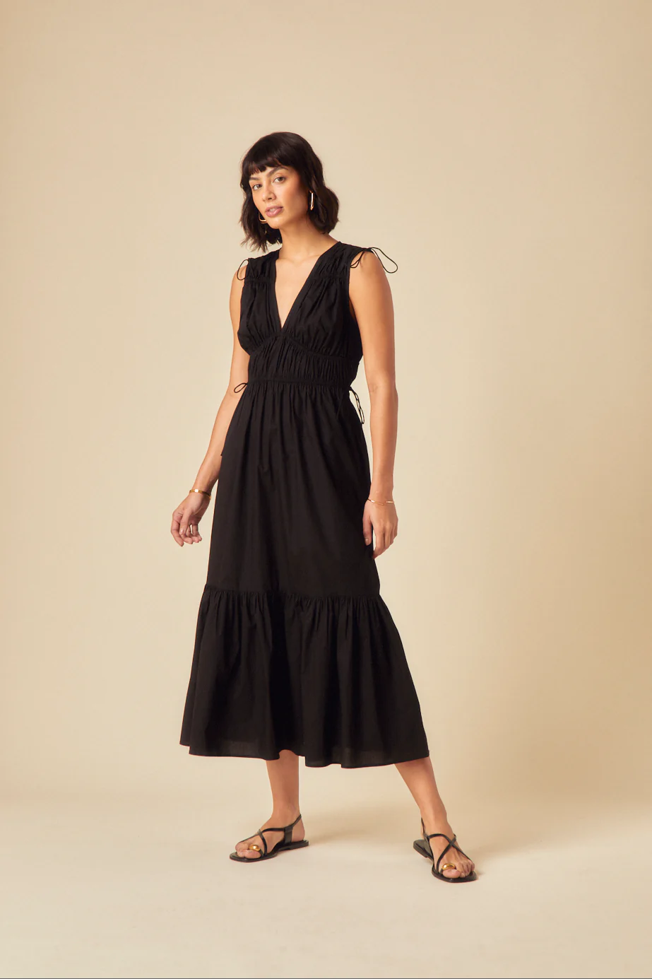 Black Ruched Tiered Ianthe Midi Dress