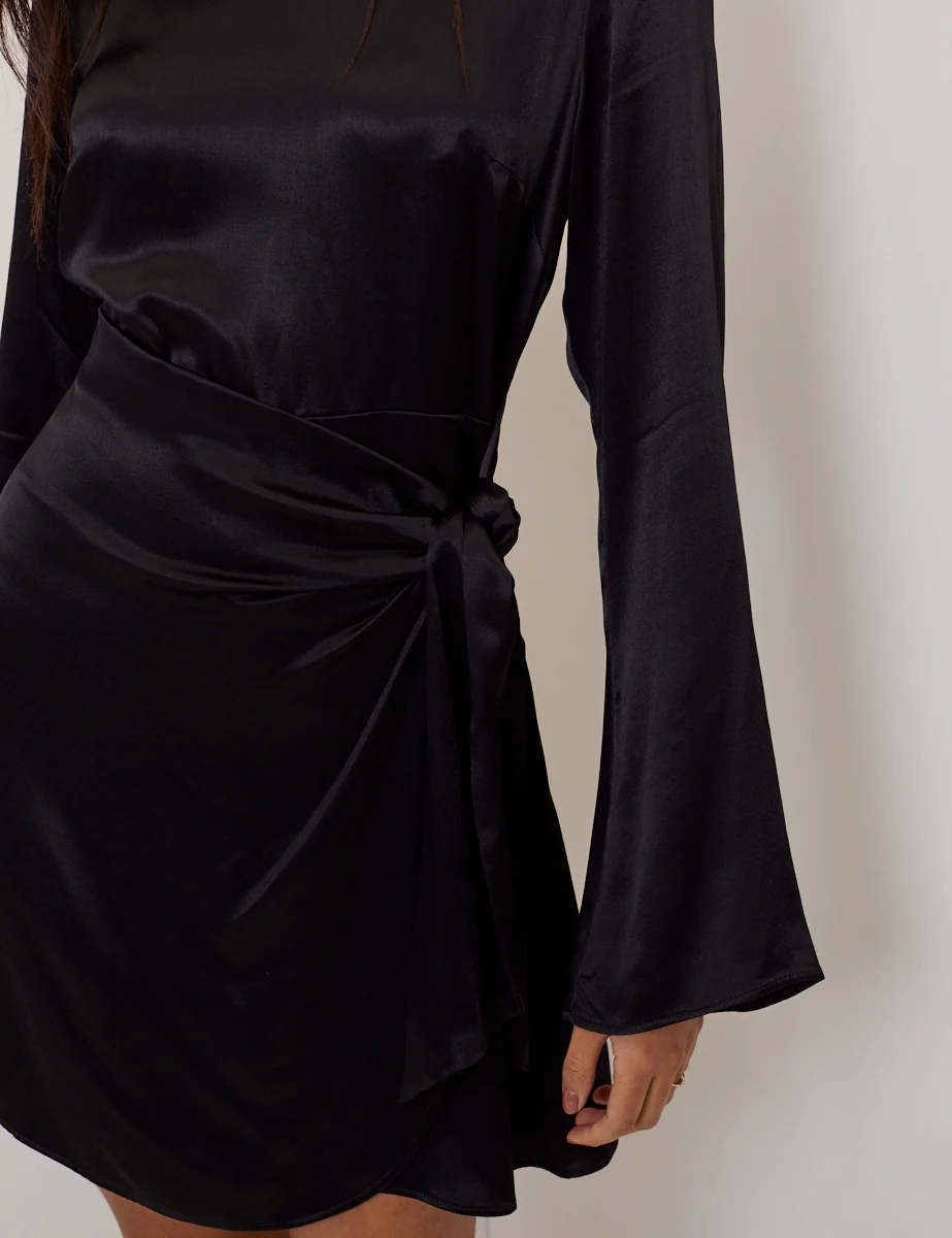 Black Satin Wrap Blair Mini Dress - Image 3