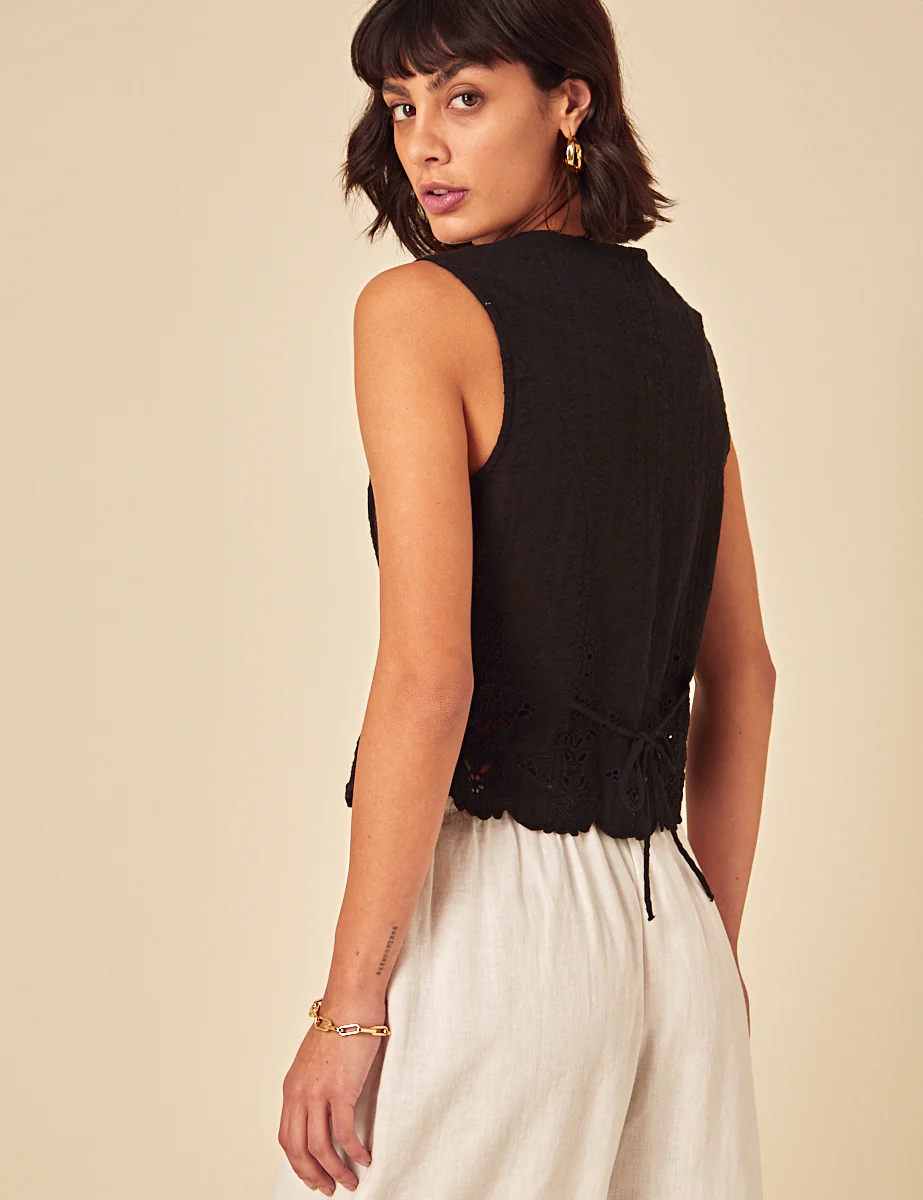 Black Sleeveless Broderie Anglaise Top - Image 5