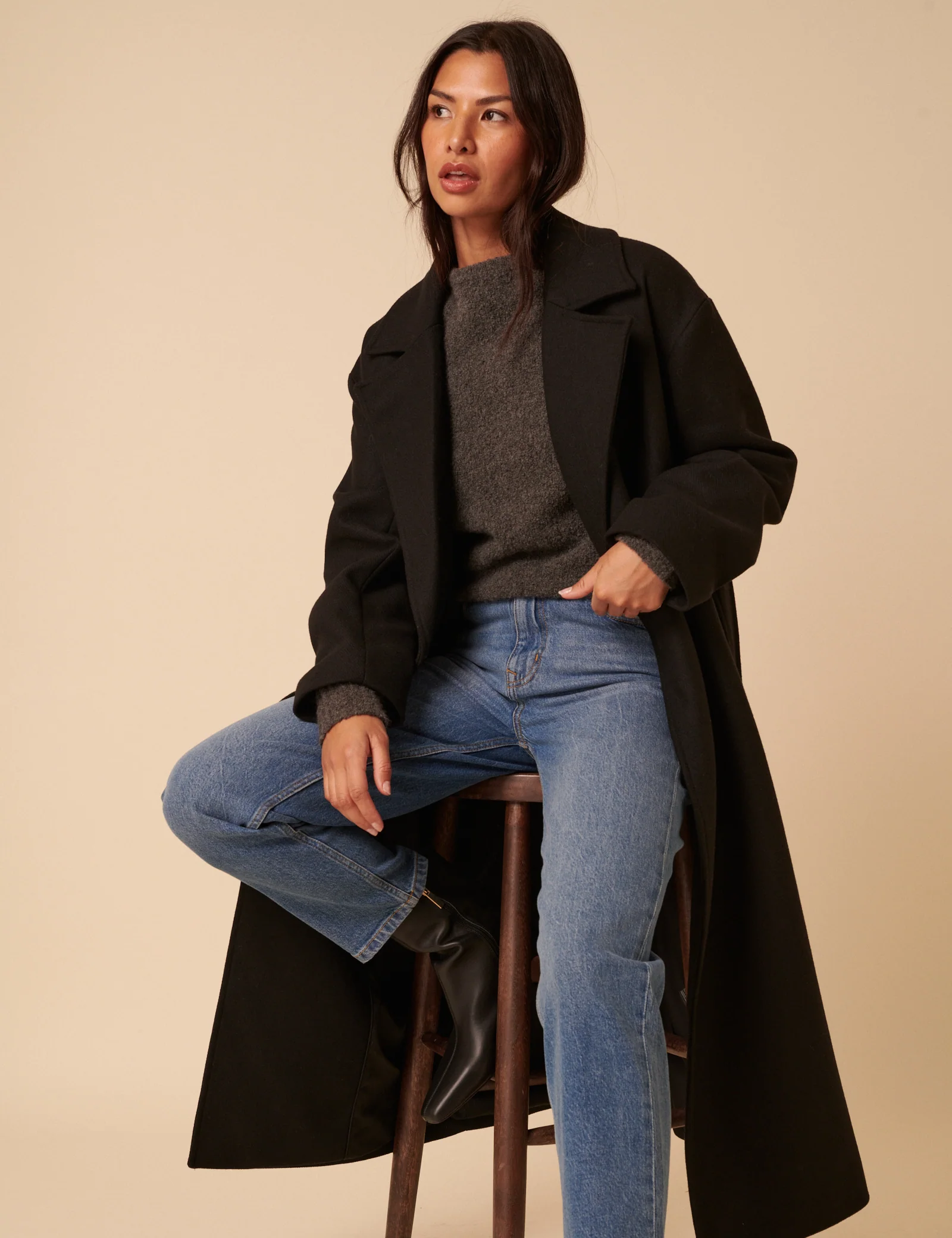 Black Tie Belt Wrap Coat - Image 2