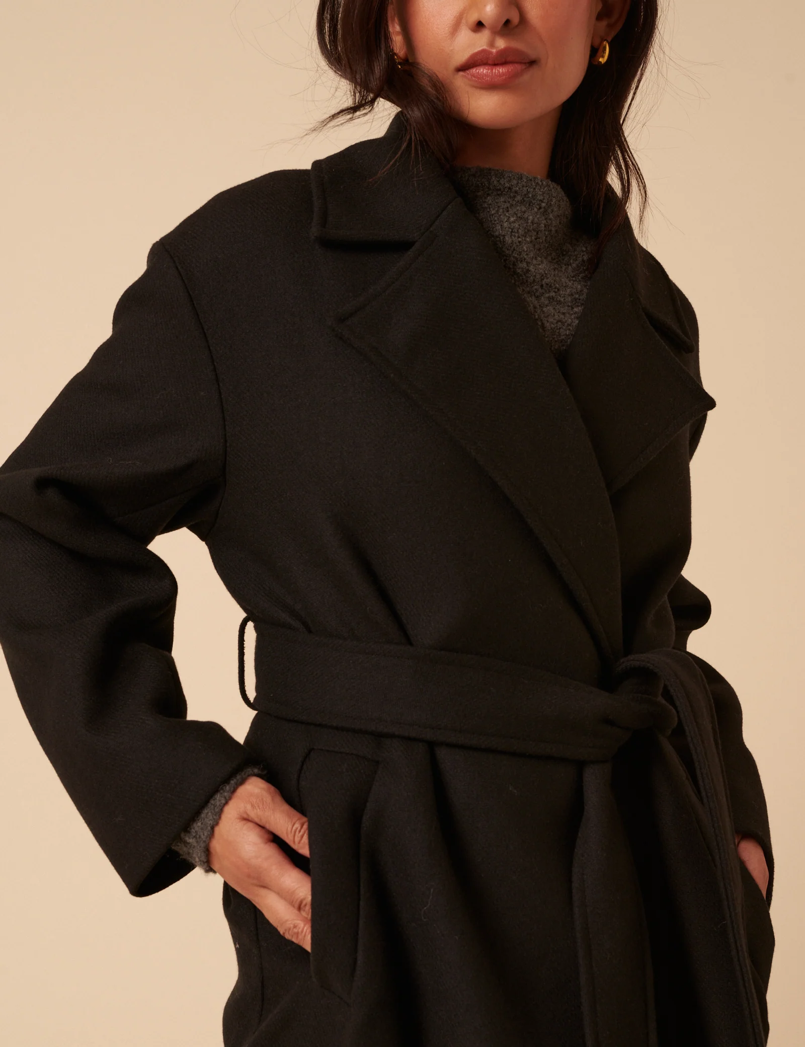 Black Tie Belt Wrap Coat - Image 5