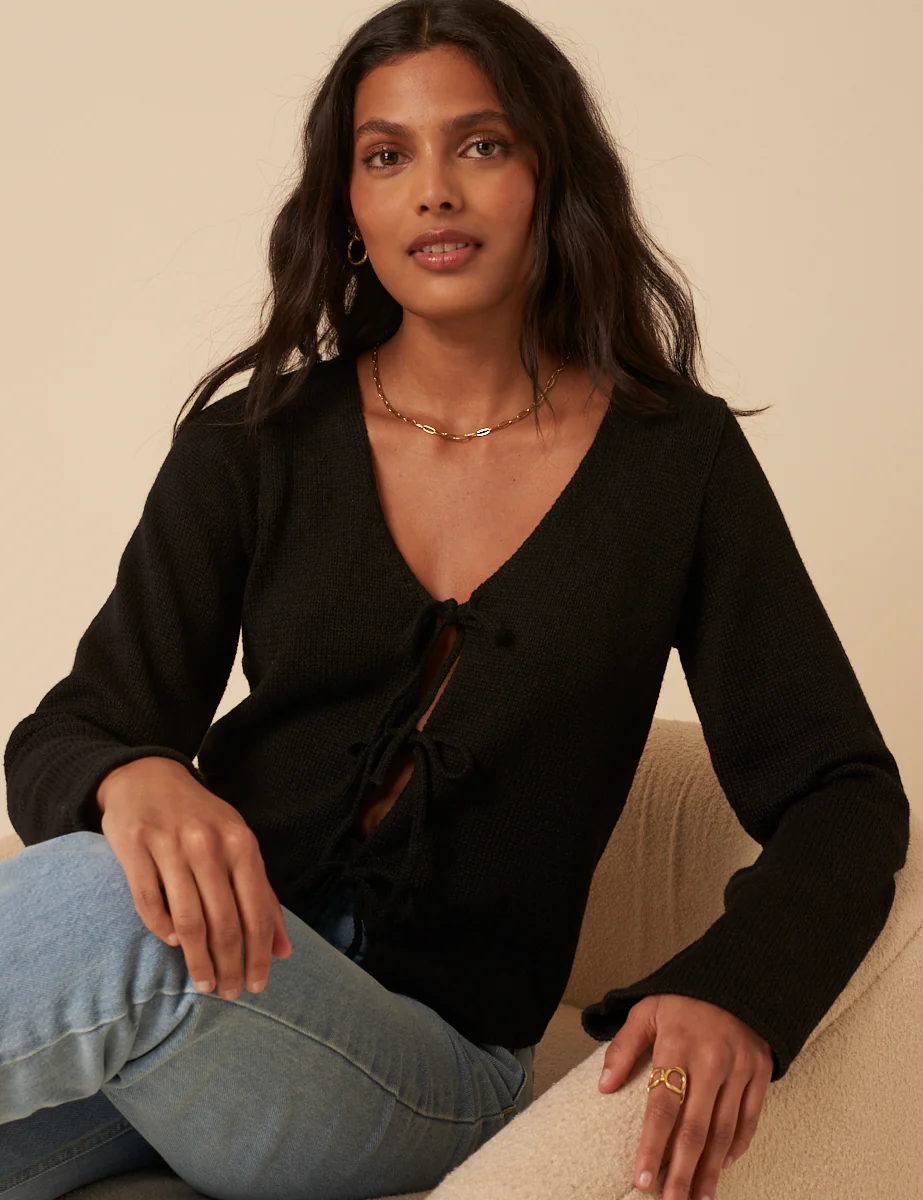 Black Tie Front Knitted Cardigan - Image 2