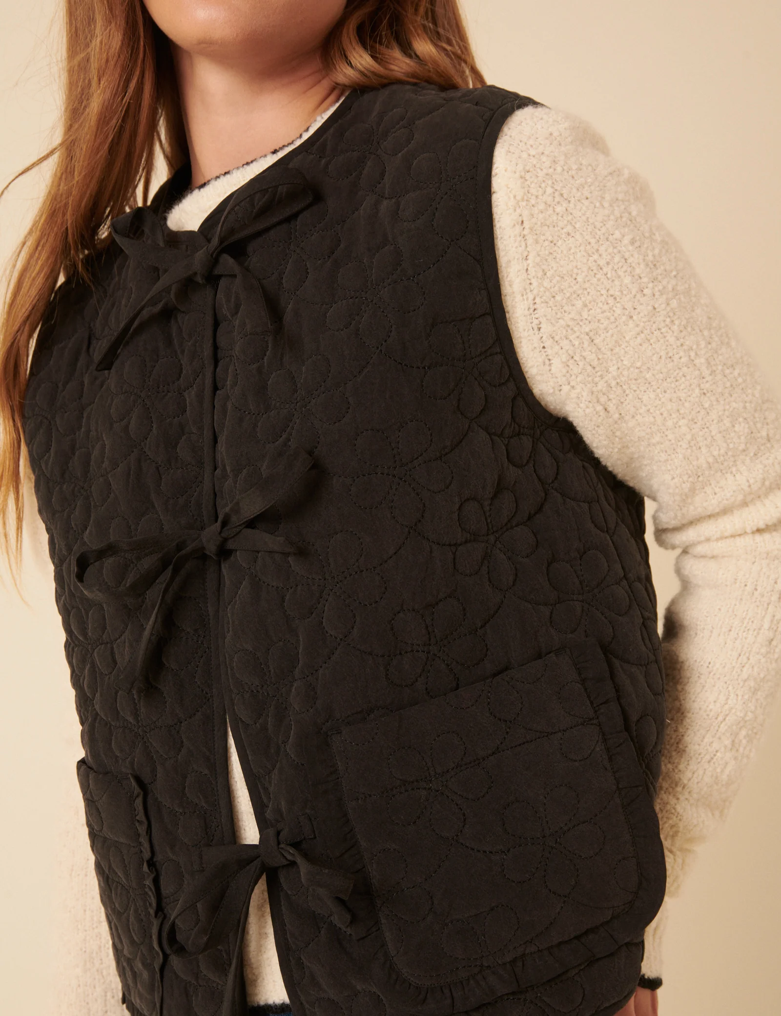 Black Tie Front Quilted Gilet - Image 2