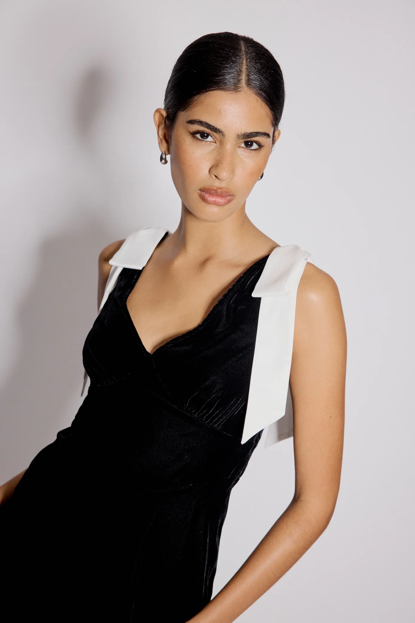 Black Velvet Bow Shoulder Lenka Midi Dress - Image 2