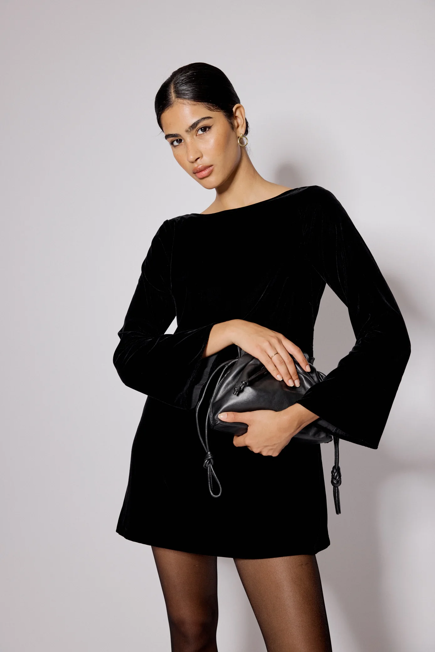 Black Velvet Flare Sleeve Joelle Mini Dress - Image 5