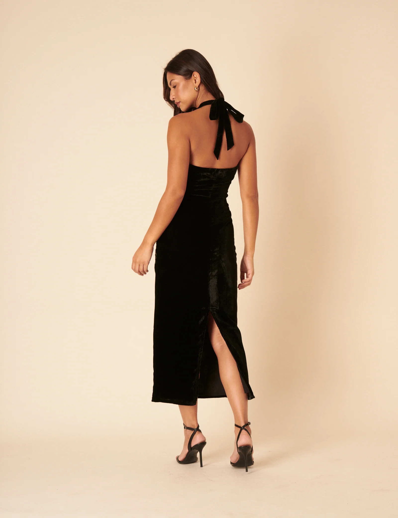 Black Velvet Floral Halter Neck Alexandra Midi Dress - Image 5