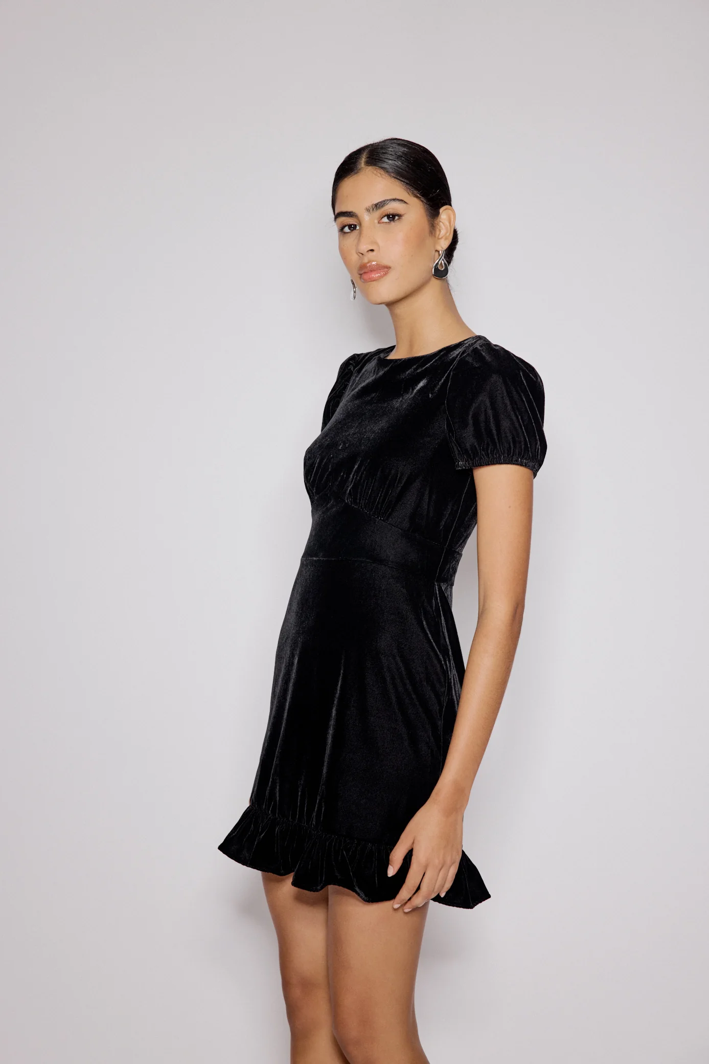 Black Velvet Frill Hem Cosmo Mini Dress - Image 3