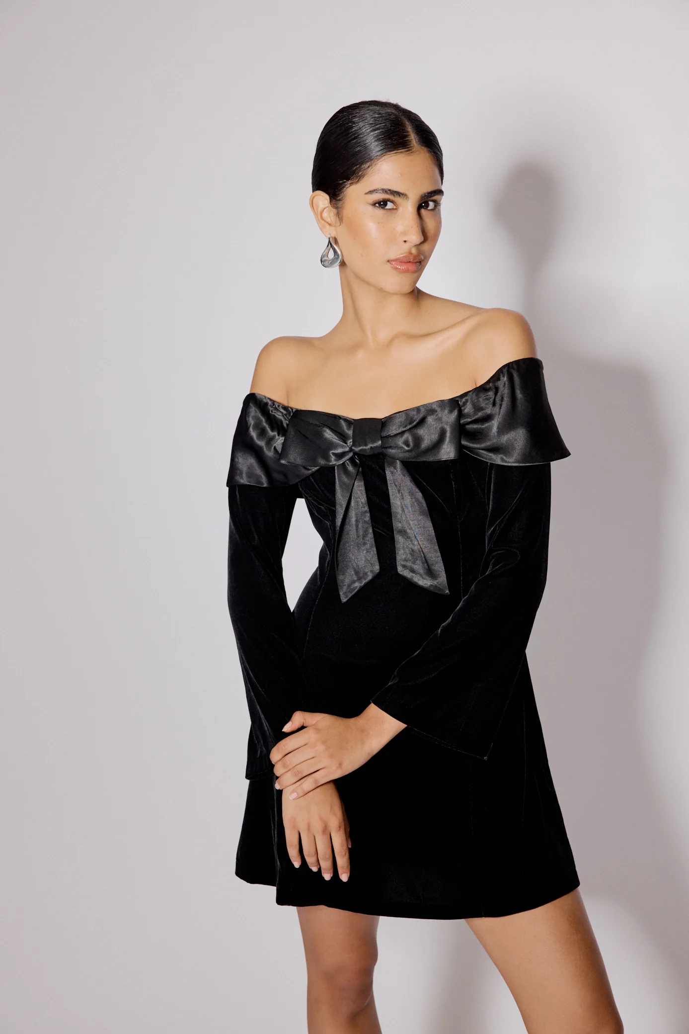 Black Velvet Off Shoulder Bow Capricorn Mini Dress - Image 2