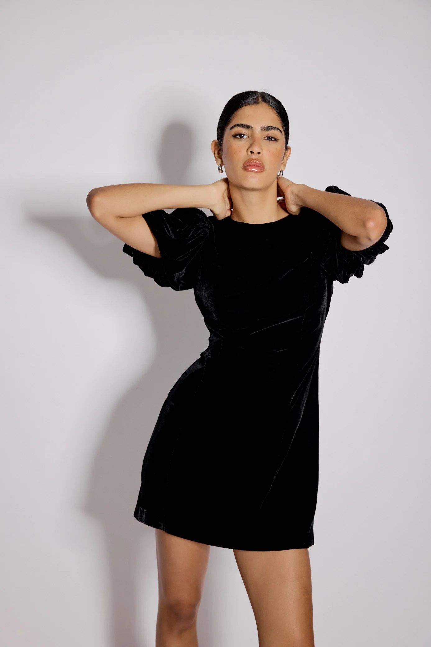 Black Velvet Puff Sleeve Boston Mini Shift Dress - Image 4