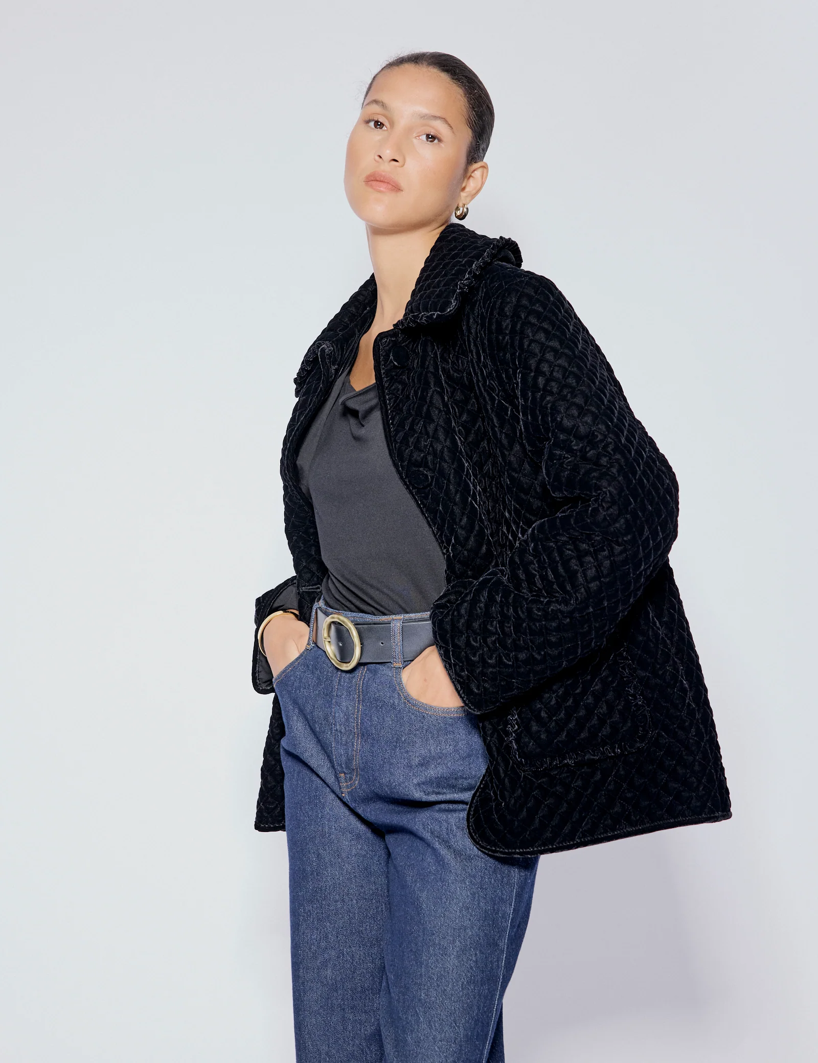 Black Velvet Quilted Collared Jacket - Image 2