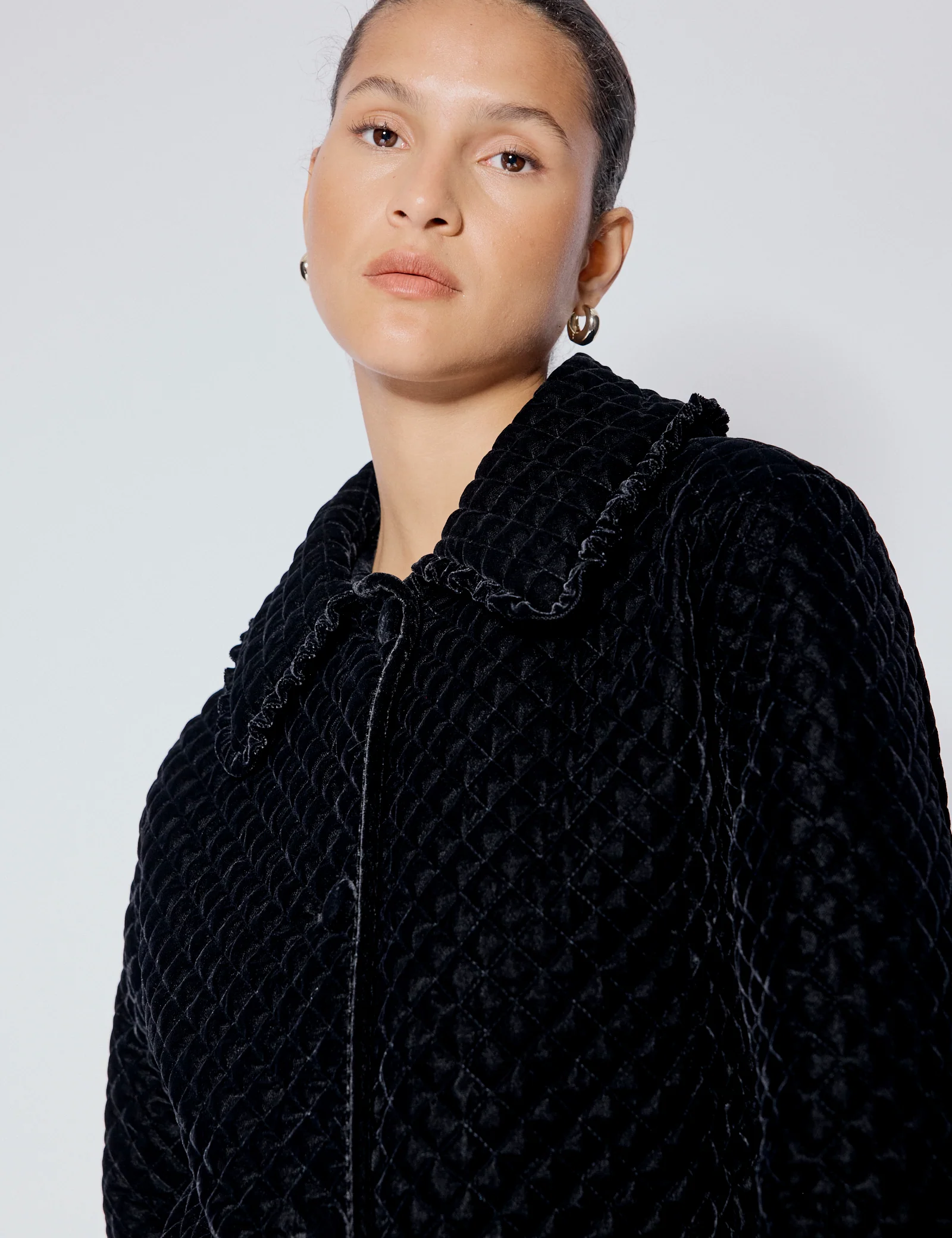 Black Velvet Quilted Collared Jacket - Image 3