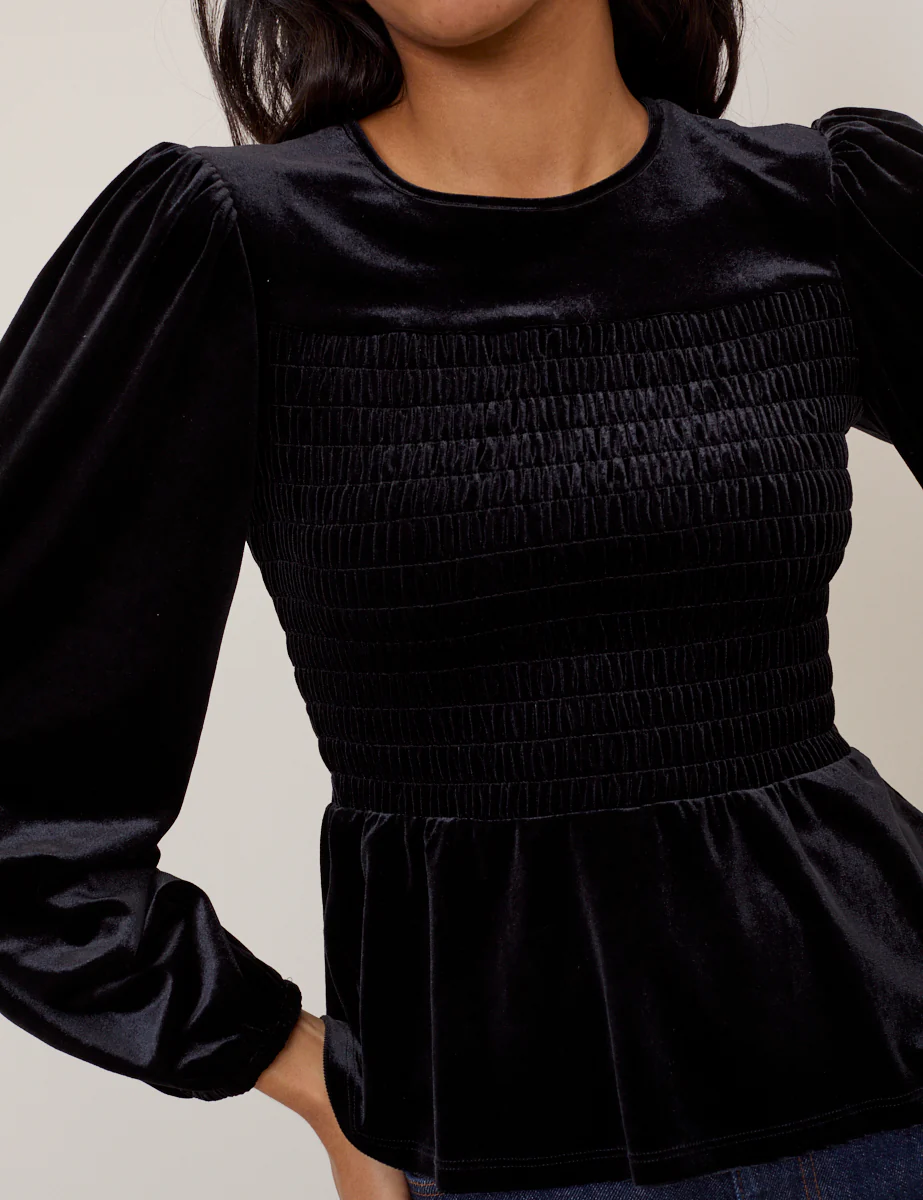 Black Velvet Shirred Balloon Sleeve Top - Image 4