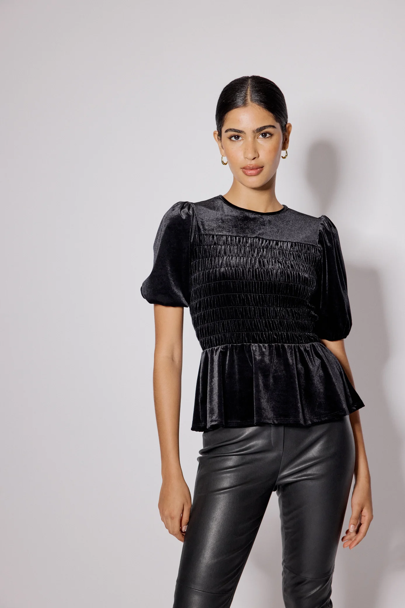 Black Velvet Puff Sleeve Peplum Top - Image 3