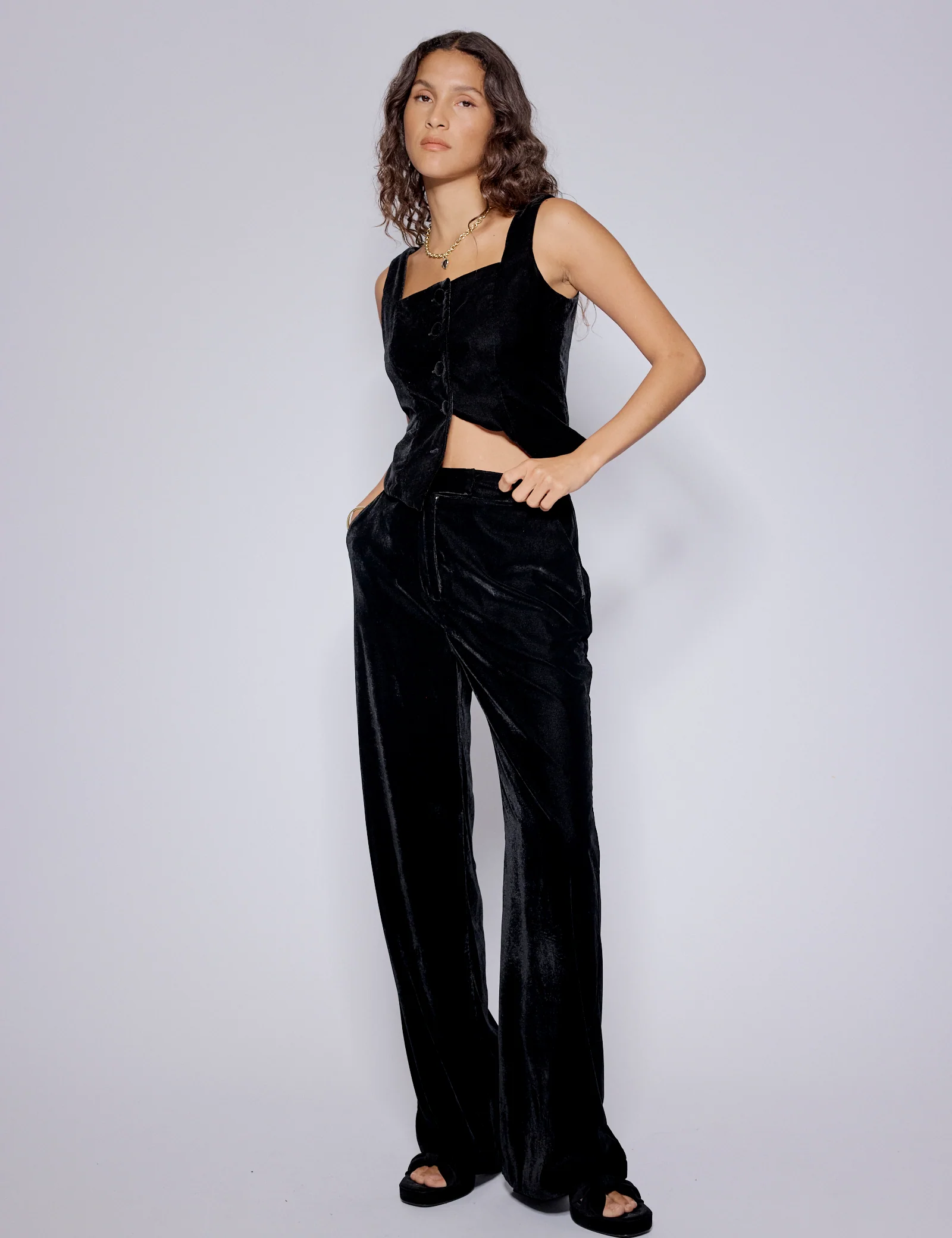 Black Velvet Straight Leg Trousers - Image 4