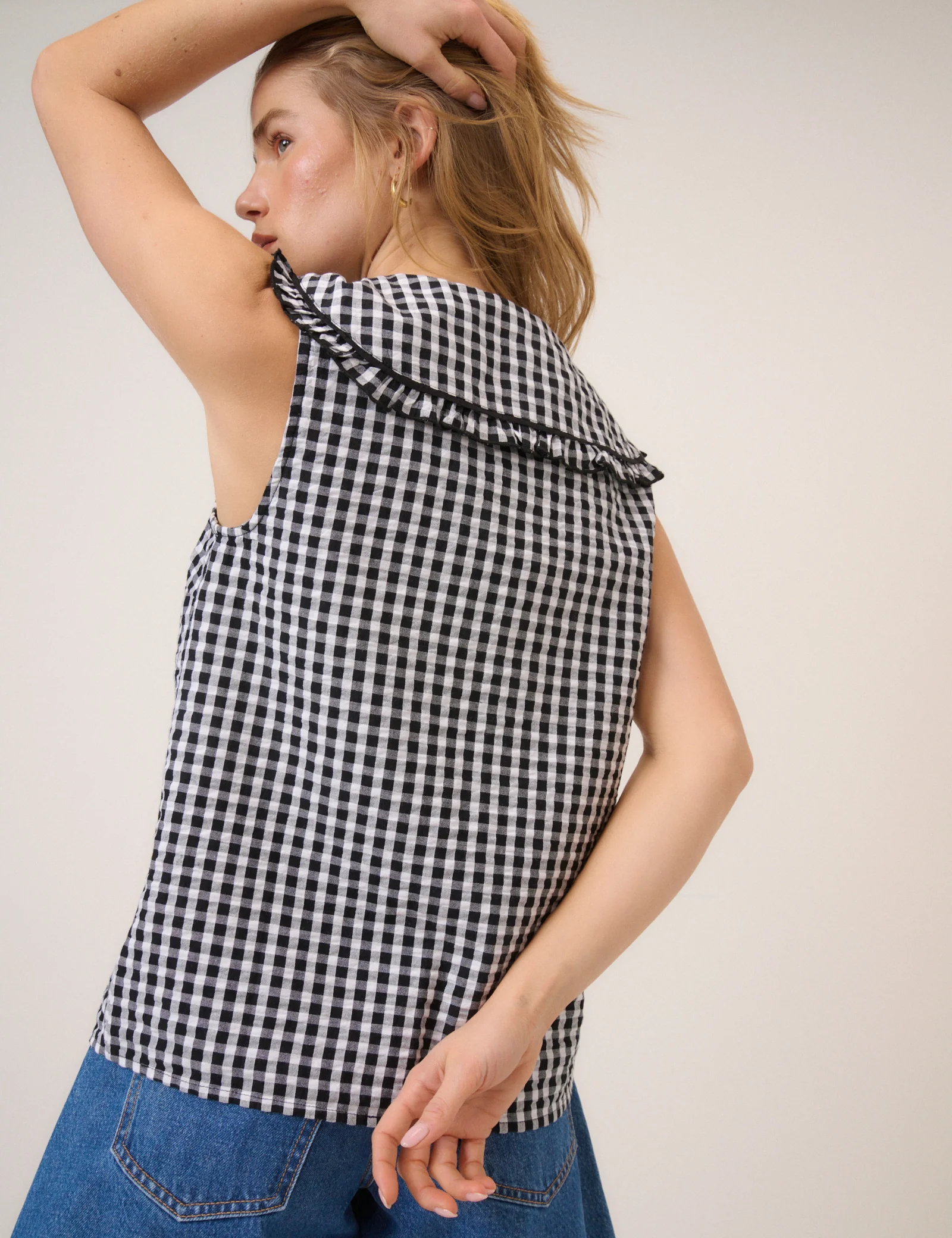 Black Gingham Ruffle Collar Button Through Top - Image 5